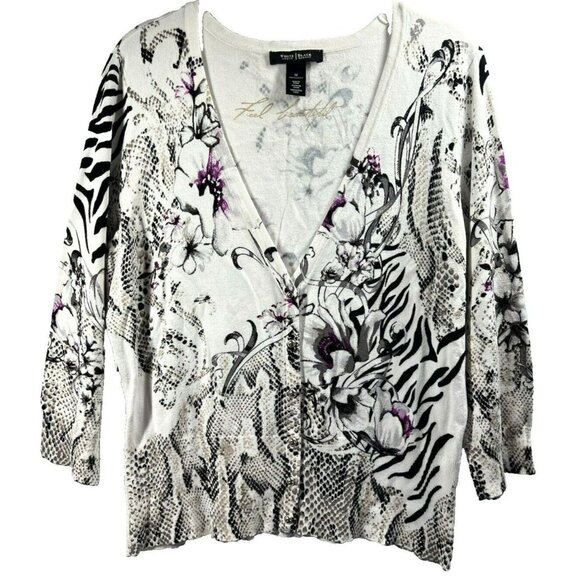 White House Black Market Sweaters - White House Black Market Mixed Media Print Cardigan Sweater Artsy M Purple Black